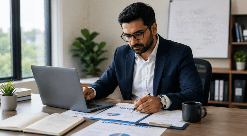 A professional male HR consultant sitting at a wooden desk, analyzing business reports and employee data on a laptop and physical clipboards.