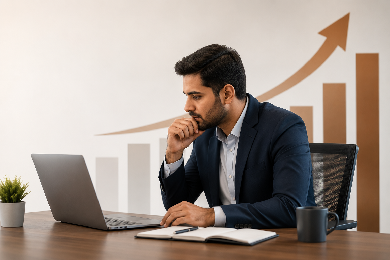 A focused male professional in a blue suit sitting at a wooden desk, looking thoughtfully at his laptop with a rising growth chart graphic on the wall behind him.