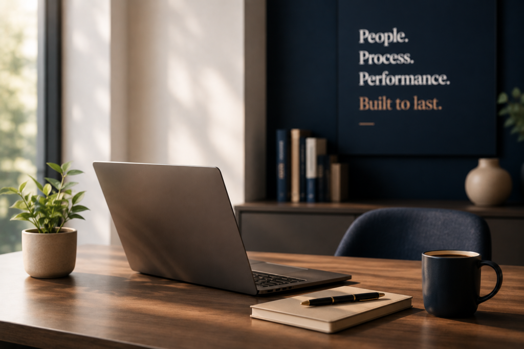 Laptop on a wooden office workspace table highlighting human resources consulting and workplace performance core values.